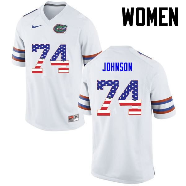 Women's NCAA Florida Gators Fred Johnson #74 Stitched Authentic USA Flag Fashion Nike White College Football Jersey KHB1665EU